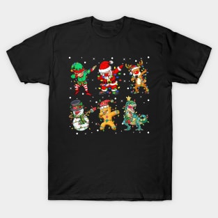 Dabbing Dab Santa Elf Dinosaur T-rex Friends Christmas Lights T-Shirt